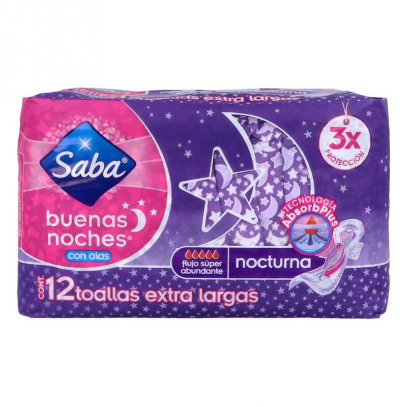 SABA BUENAS NOCHES TOALLAS FEMENINAS C/AROMA 12 PZAS