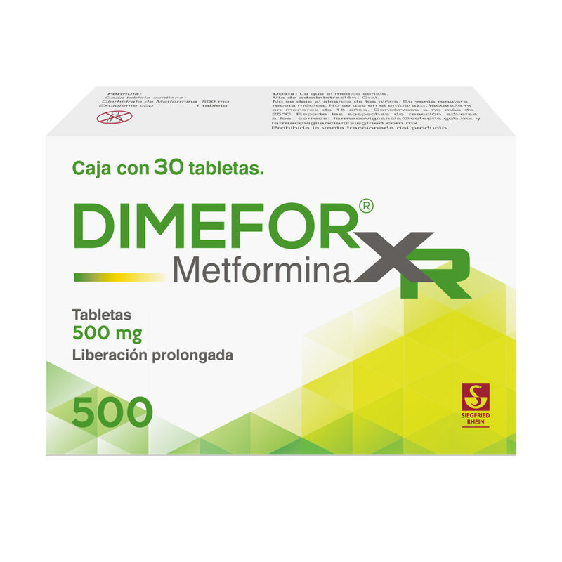 Dimefor XR 500 mg - Caja con 30 tabletas (Metformina)